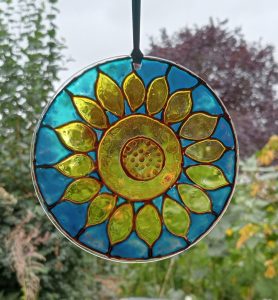 Glass painted disc - sunflower design