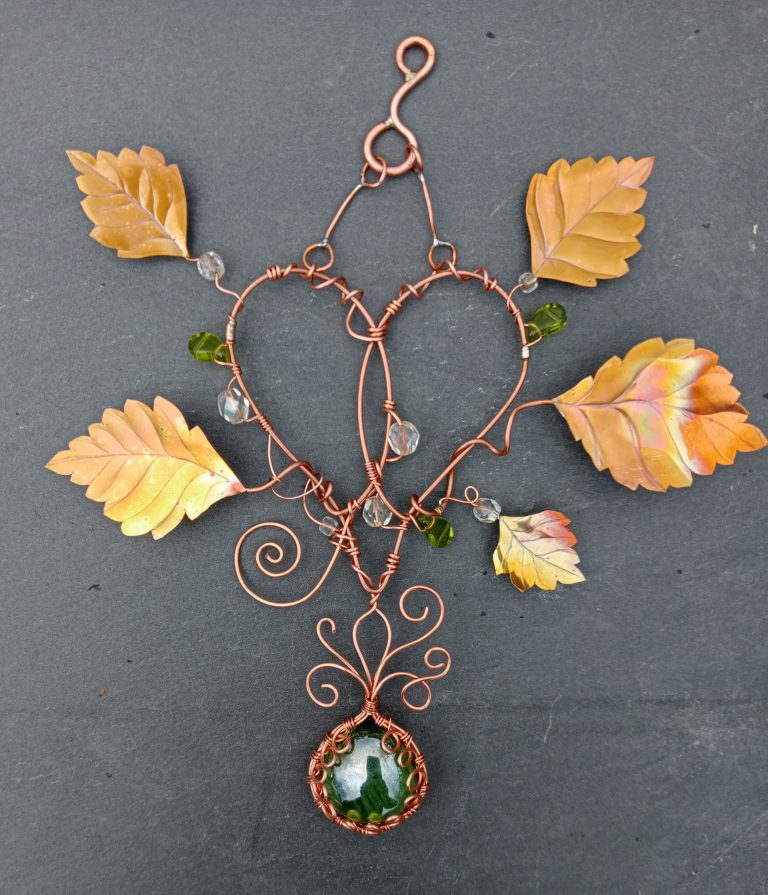 copper-wire-wrapped-green-glass-birch-leaves-4 Unique copper birch leaves with small crystals and wire wrapped green glass.