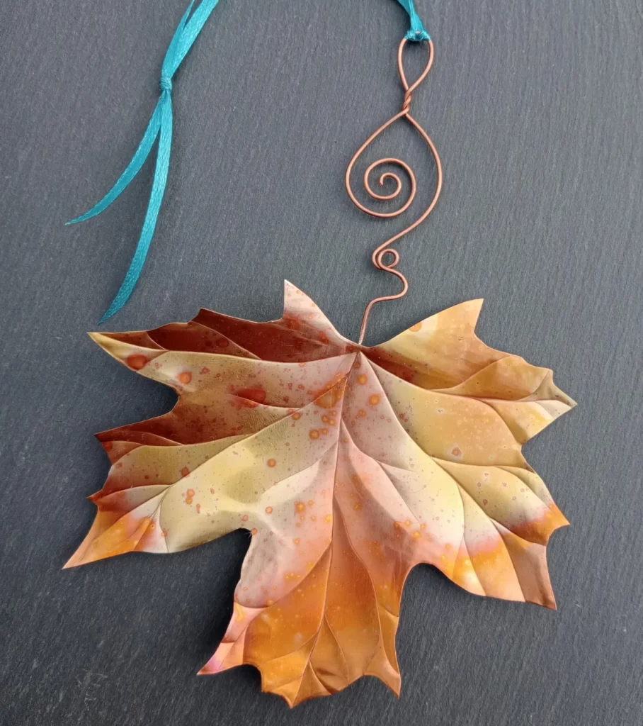 Hanging Single Copper Maple Leaf with ribbon