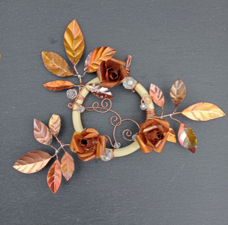 SOLD - Copper roses and copper rose leaves mini wreath