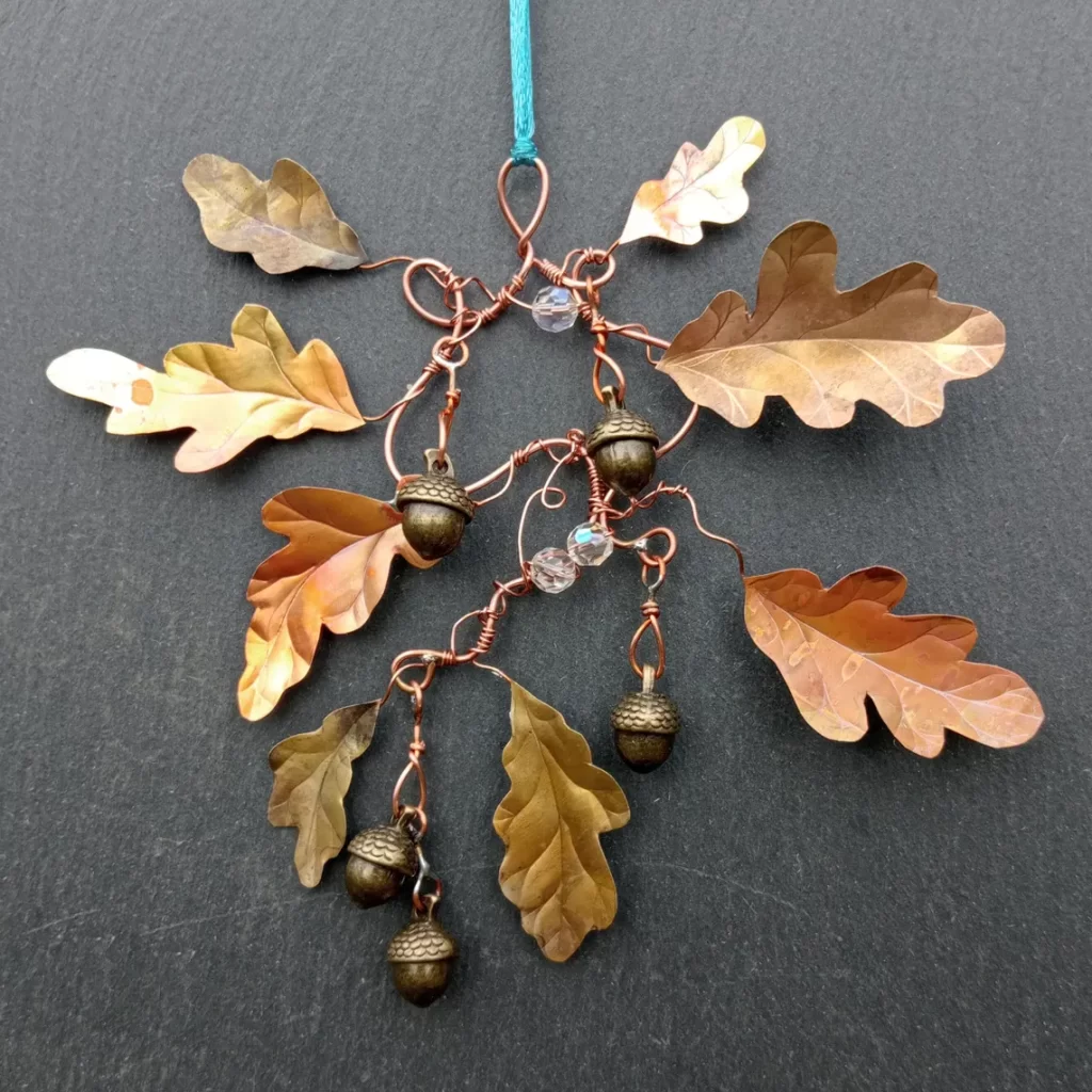 Small unique hand made Copper Oak Leaves with small metal acorns