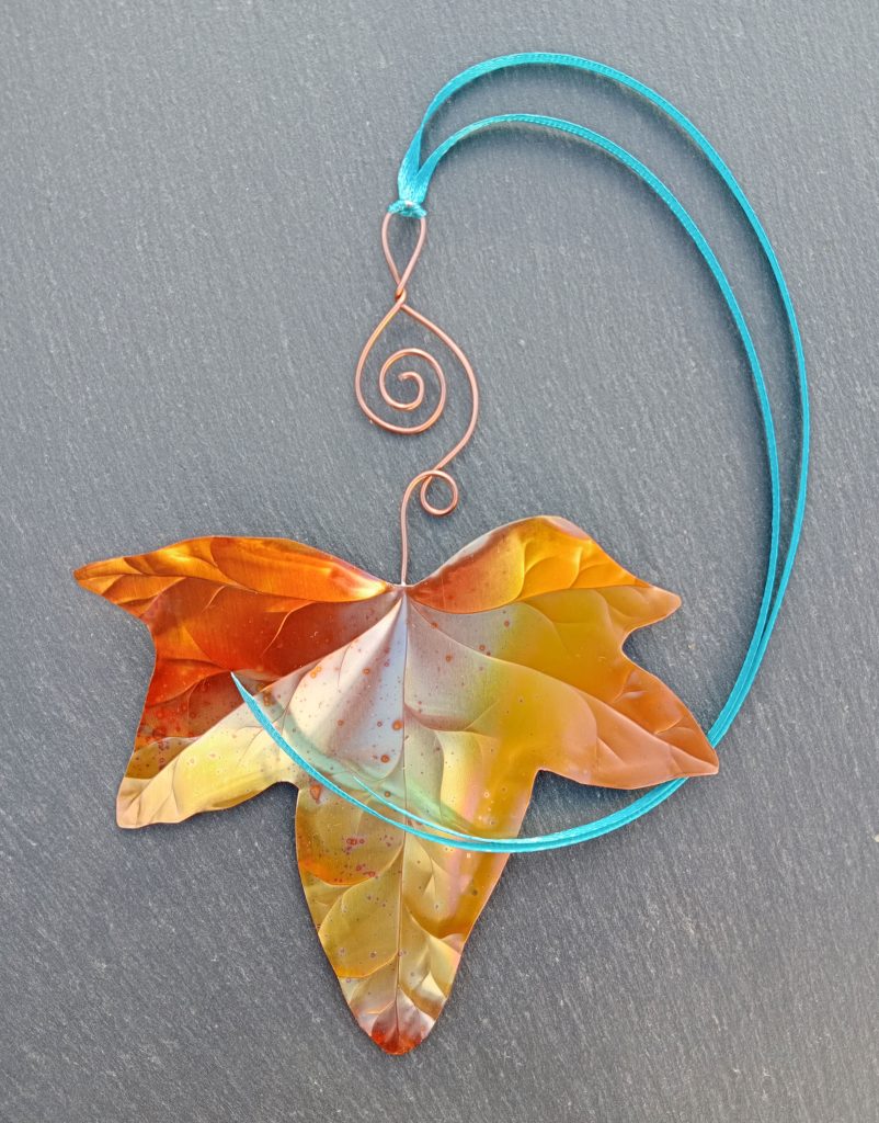 copper hanging ivy leaf on satin ribbon