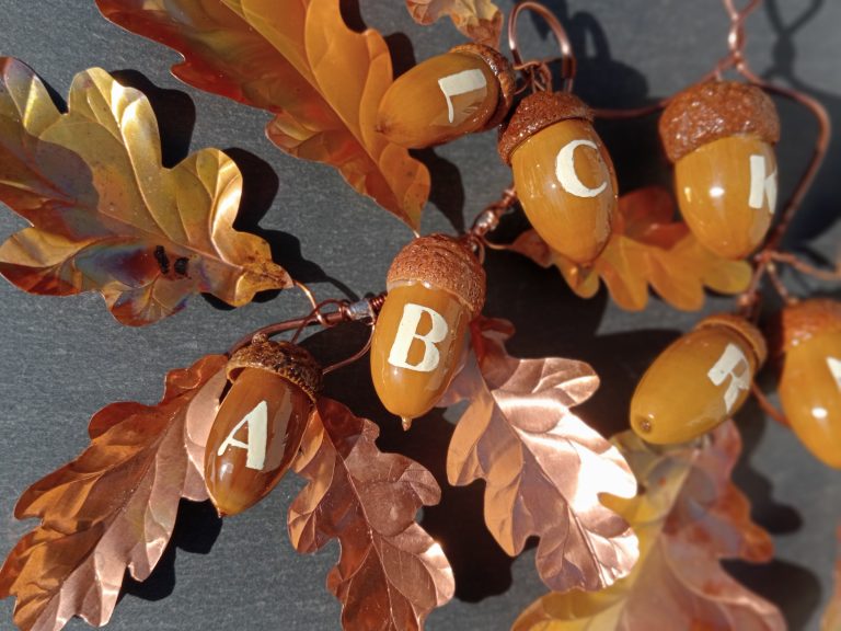 lettering-acorns Copper oak leaves with hand painted lettering on acorns