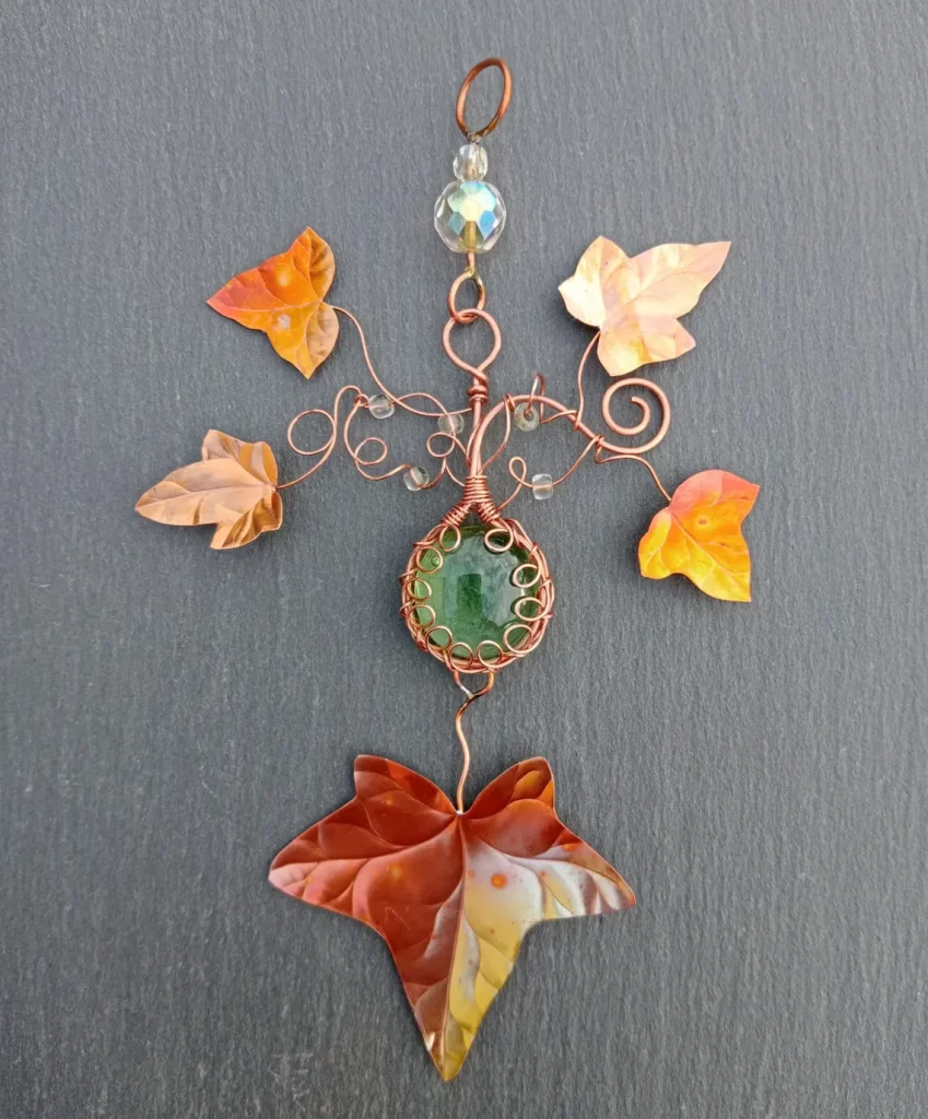 copper ivy leaves with copper wire wrapped green glass