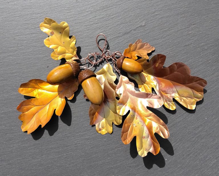 SOLD – Unique, hand made hanging copper oak leaves with acorns Unique, hand made hanging copper oak leaves with acorns