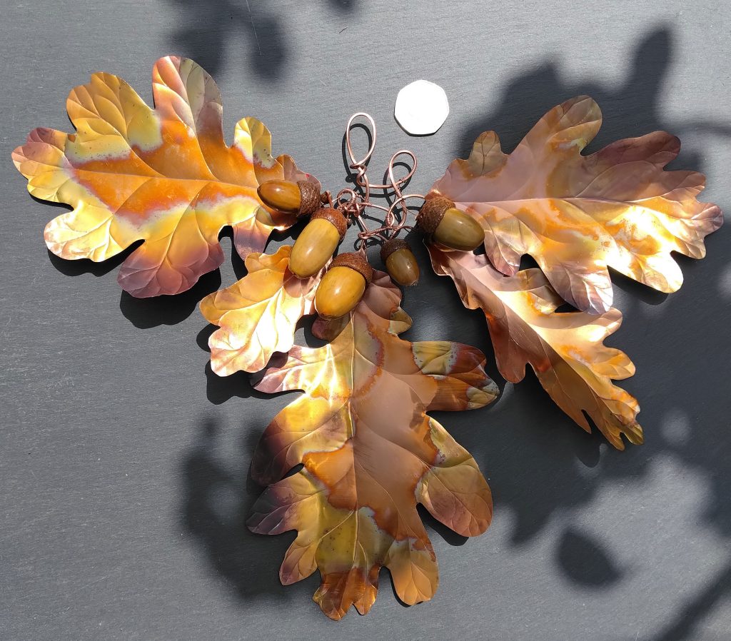 Unique, large hand made hanging copper oak leaves with acorns