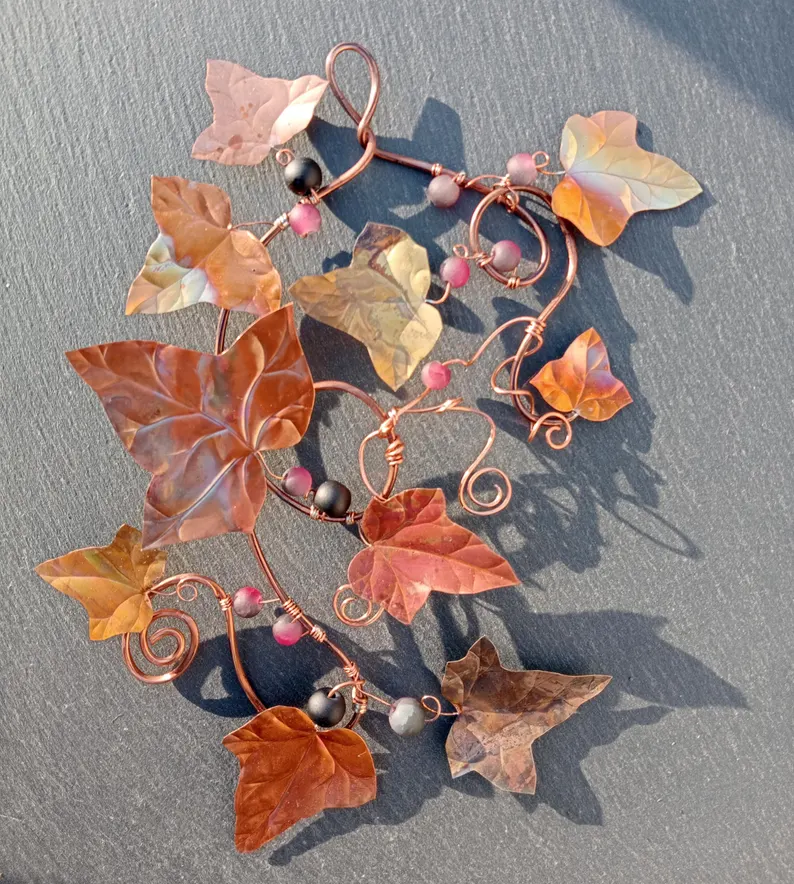 Unique hand made hanging Copper Ivy vine with dark frosted Berries (17cm tall)