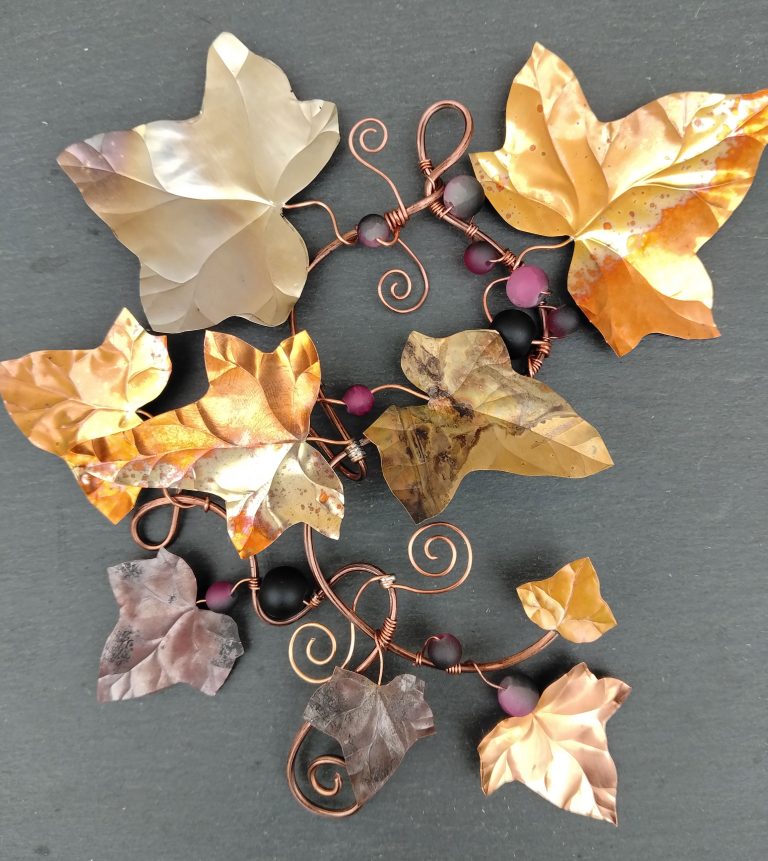 Copper Brass Ivy Wreath with Frosted Glass Beads - SOLD