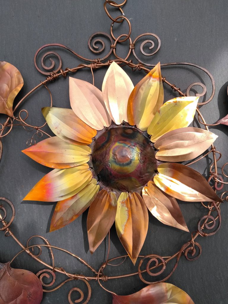 Hand-Formed Copper Sunflower Wall Art, Flame-Patinated Gold Rose Tones