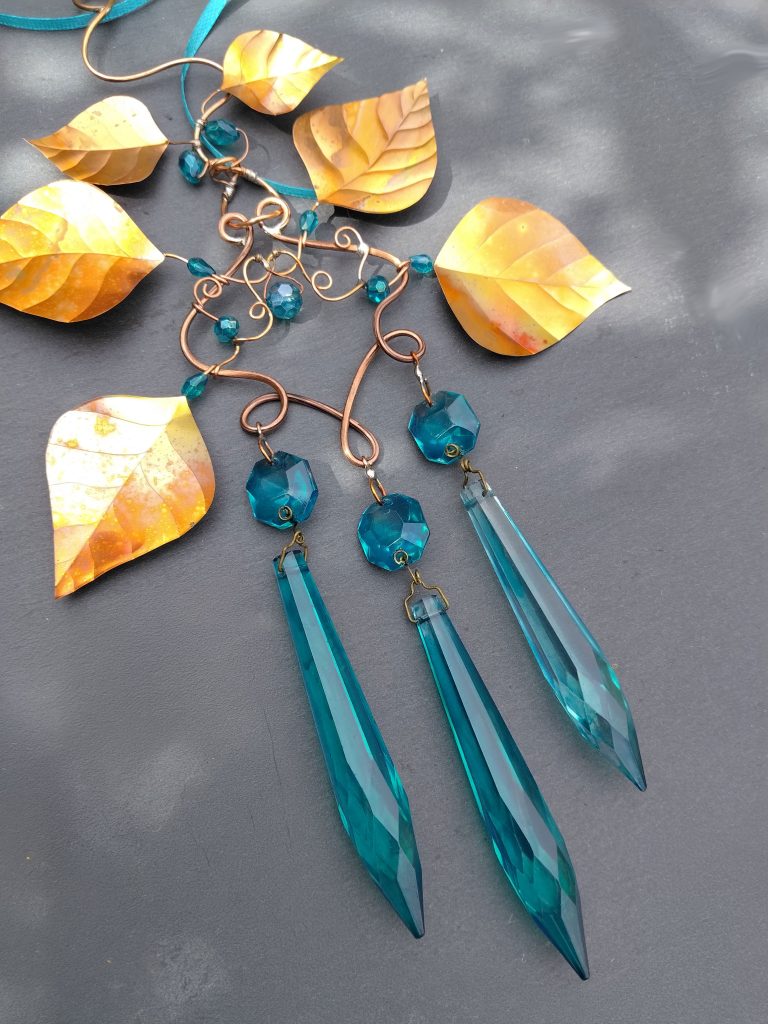 Copper Leaf Suncatcher with Hand-Painted Vintage Crystals