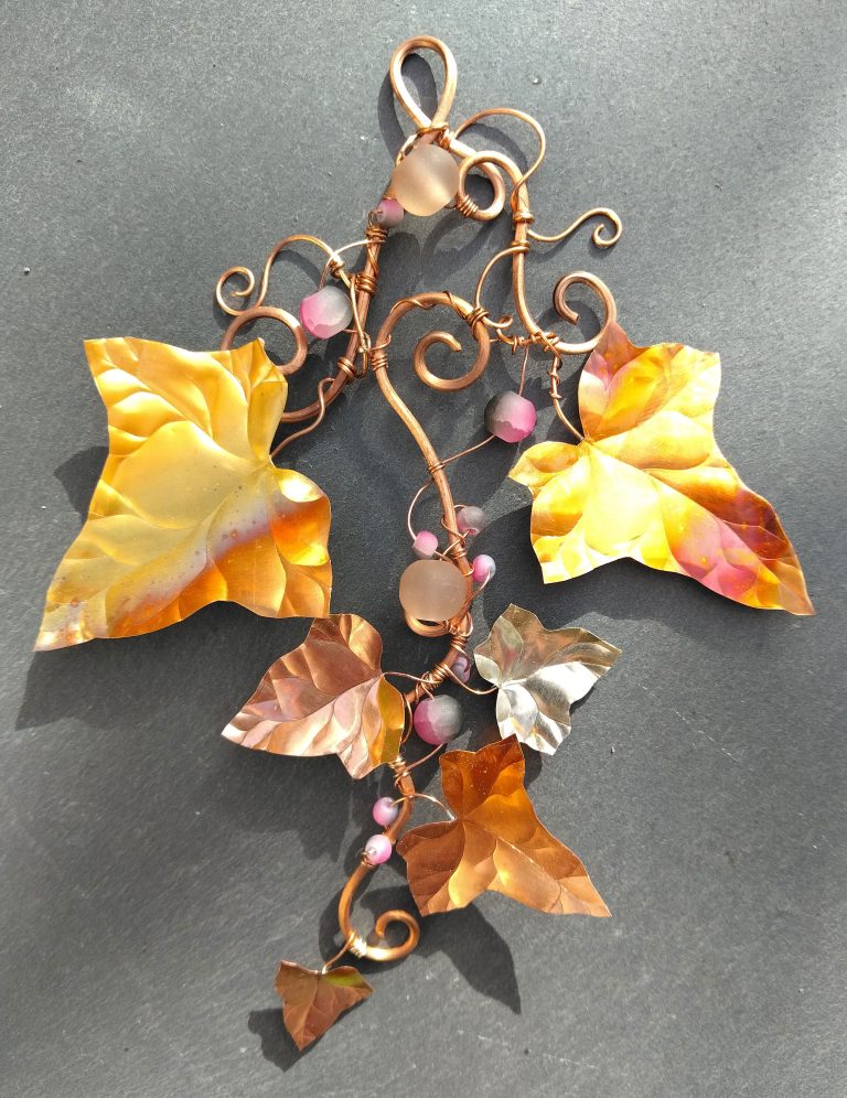 SOLD – 16cm-tall-copper-ivy-vine-with-beads11 SOLD - 16cm tall Copper & Brass Ivy Vine Wall Hanging | Frosted Glass Beads | Handmade Copper Leaf Wall Art