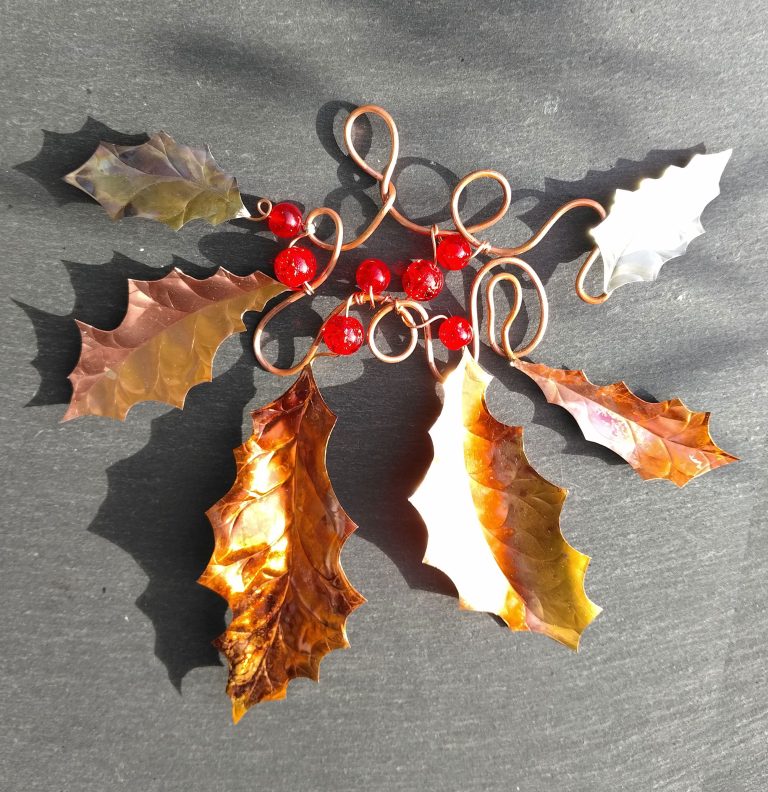 SOLD – Copper & Brass Holly Christmas Decoration | Handmade Flame Patina Holly with Red Glass Berries SOLD - Copper & Brass Holly Christmas Decoration | Handmade Flame Patina Holly with Red Glass Berries