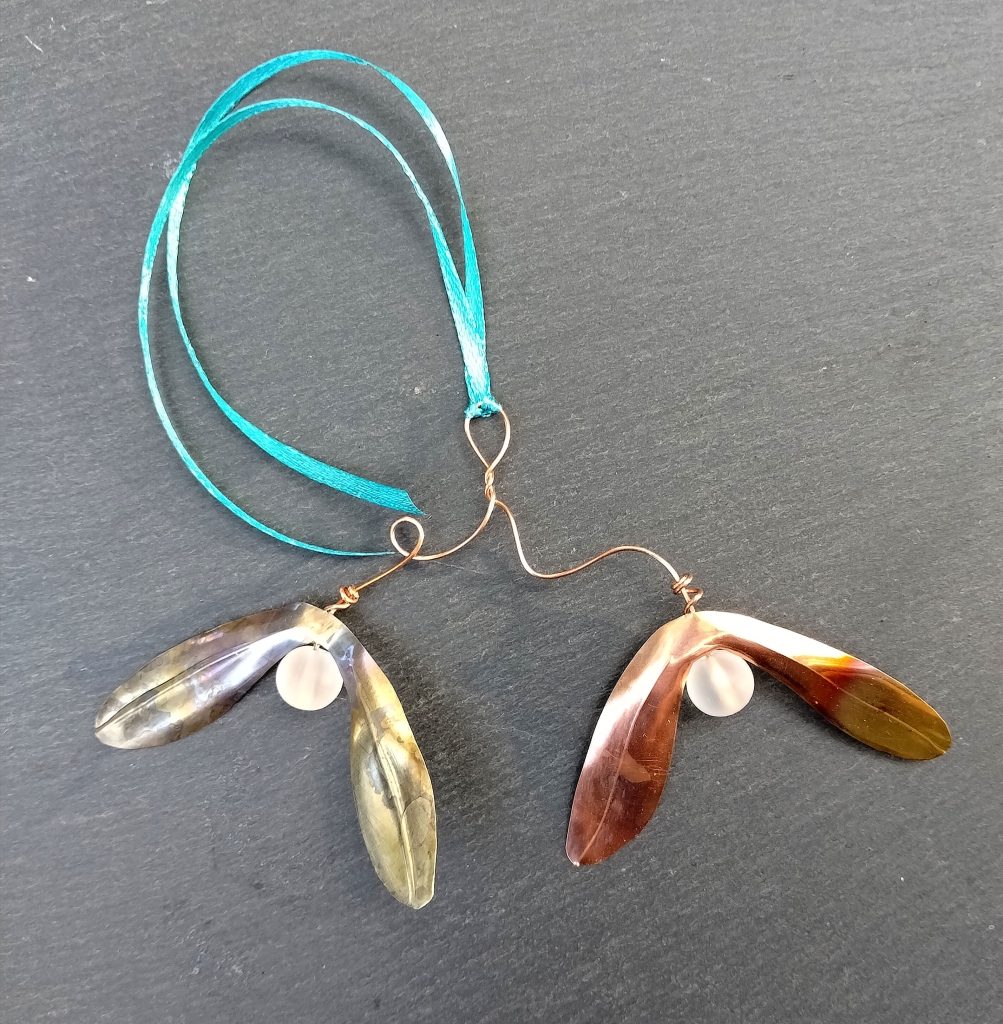 Handmade Copper Brass Mistletoe Ornament | Frosted Glass Bead Berries, Teal Ribbon