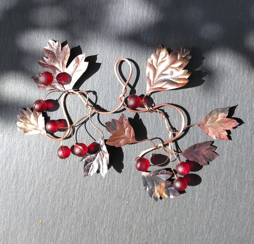 10cm Tall Copper Hawthorn Leaves Wall Art | Etched Leaf & Red Berry Branch | Handmade Autumn Décor