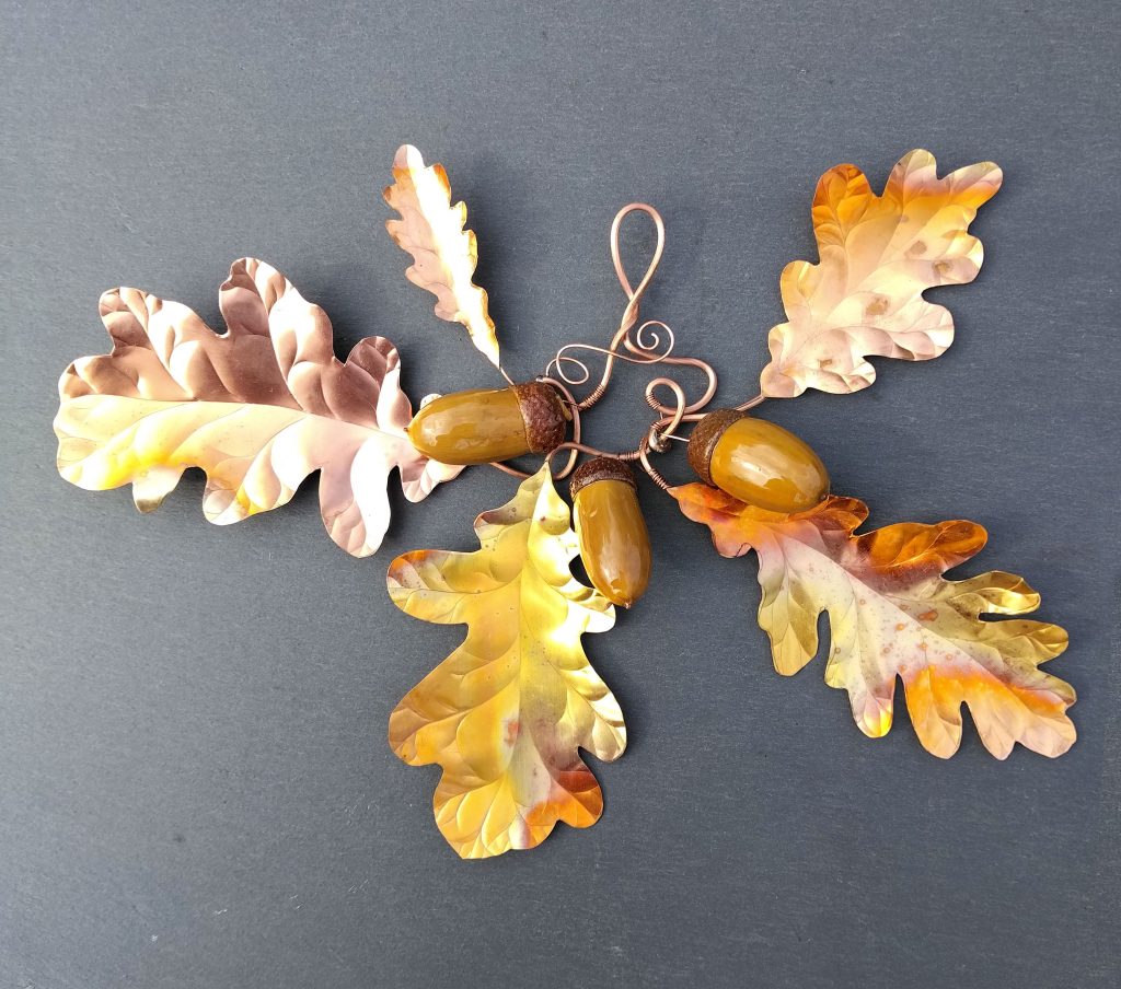24cm wide Copper Leaves Oak Branch Wall Art, Copper Anniversary Gift, Natural Acorns, Autumn Decor