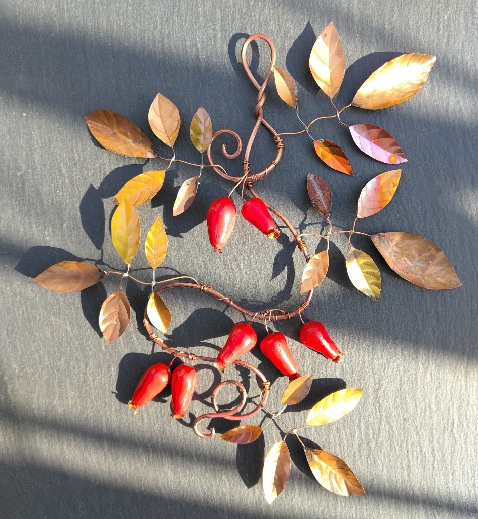 18cm tall Copper Leaves & Rose Hips Wall Art | Handmade Copper Wreath | Nature Gift