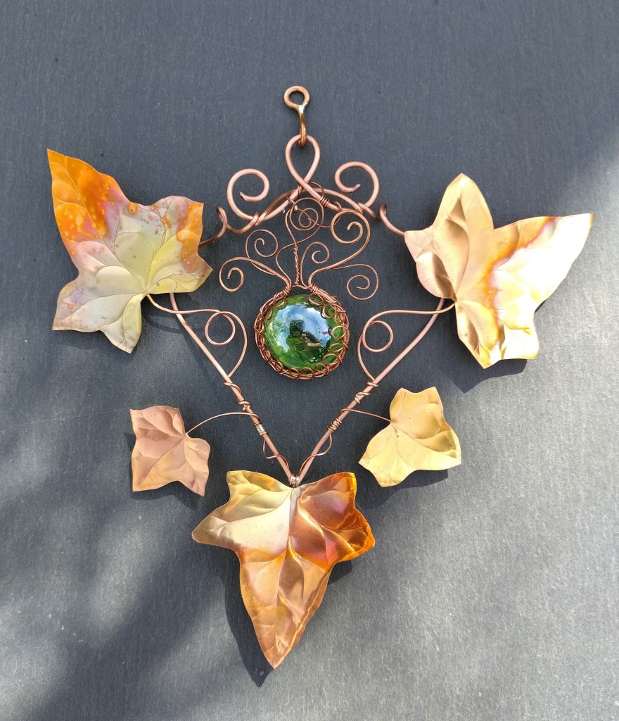 14cm Copper Ivy Leaves Wall Art | Wire Wrapped Green Glass Gem | Handmade Autumn Décor
