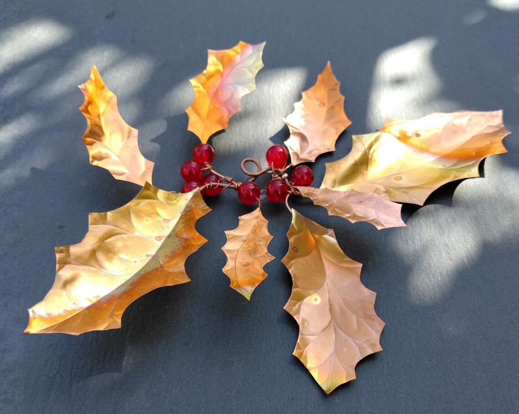 Copper Holly Christmas Decoration | Handmade Flame Patina Holly with Red Glass Berries